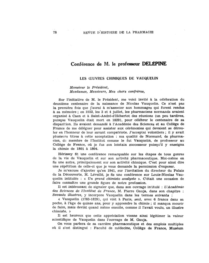 Conférence de M. le Professeur Delépine : les oeuvres chimiques de Vauquelin Conférence de M. le Professeur Delépine : les oeuvres chimiques de Vauquelin