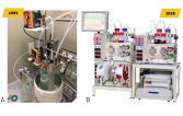 DR. Pour la chimie en flux, nous sommes passés d’un montage dédié (A) à une unité flexible multi-réactionnelle (B) (comparaison 1992-2019). Source : B) www.vapourtec.com/