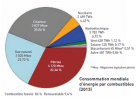 Répartition de la consommation mondiale d’énergie par type de combustibles en 2019. À noter que, en 2022, il y a eu 82 % de « combustibles fossiles » et 17,3 % d’« énergies renouvelables ».