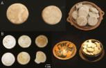 Standardisation de la fabrication du blanc de plomb sous forme de pastilles. A) Cimetière du Céramique, Athènes, tombe 24 ; B) pyxide tripode, musée national d’Athènes. Standardisation de la fabrication du blanc de plomb sous forme de pastilles. A) Cimetière du Céramique, Athènes, tombe 24 ; B) pyxide tripode, musée national d’Athènes.
