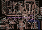Circuit du métabolisme central du carbone dans une bactérie, composé d’un millier de réactions : les arcs rouges représentent les réactions catalysées par des enzymes et les points verts les molécules modifiées par les enzymes. Source : F. Képès.