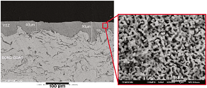 Microscopie électronique à balayage du revêtement de zircone yttriée montrant la structure non directionnelle du revêtement, ce qui lui permet d’être nivelant et de recouvrir parfaitement le matériau.