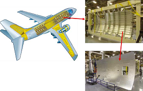 Pièces métalliques livrées par Constellium (panneau de fuselage) qui constituent la structure extérieure d’un avion. DR