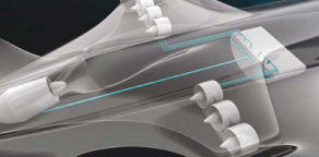 Concept d’architecture hybride à propulsion distribuée. Une turbine centrale produit de l’électricité qui charge une batterie qui alimente à son tour six propulseurs électriques indépendant.