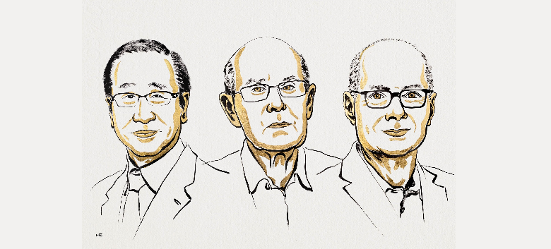 Illustration :  Susumu Kitagawa, Richard Robson et Omar M. Yaghi.  Prix Nobel de chimie 2025, Ill. Niklas Elmehed © Nobel Prize Outreach