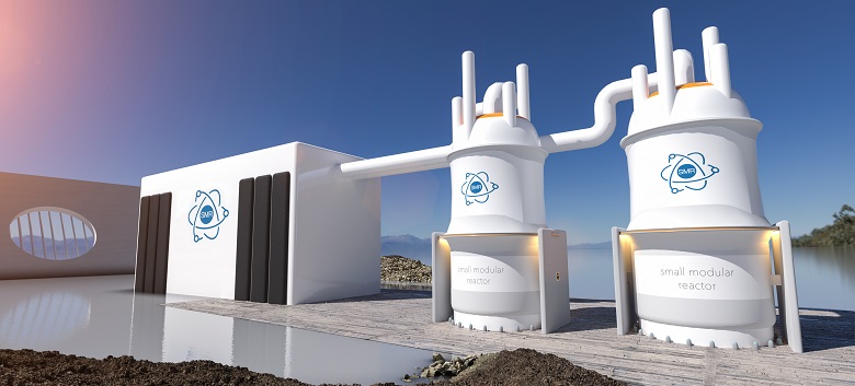Centrale nucléaire modulaire de petite taille (SMR) par temps ensoleillé. Rendu 3D