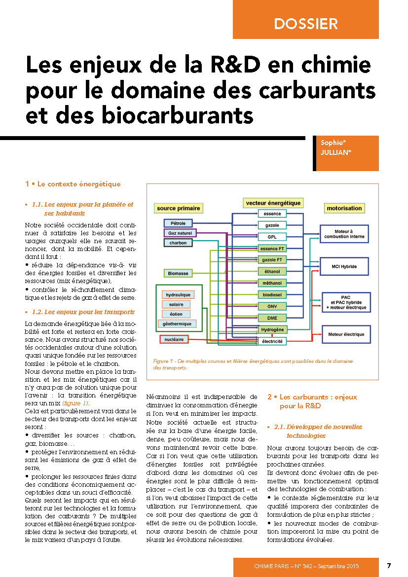 Les enjeux de la R&D en chimie pour le domaine des carburants et des biocarburants Les enjeux de la R&D en chimie pour le domaine des carburants et des biocarburants