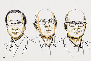 Susumu Kitagawa, Richard Robson et Omar M. Yaghi. Prix Nobel de chimie 2025, Ill. Niklas Elmehed © Nobel Prize Outreach Susumu Kitagawa, Richard Robson et Omar M. Yaghi. Prix Nobel de chimie 2025, Ill. Niklas Elmehed © Nobel Prize Outreach