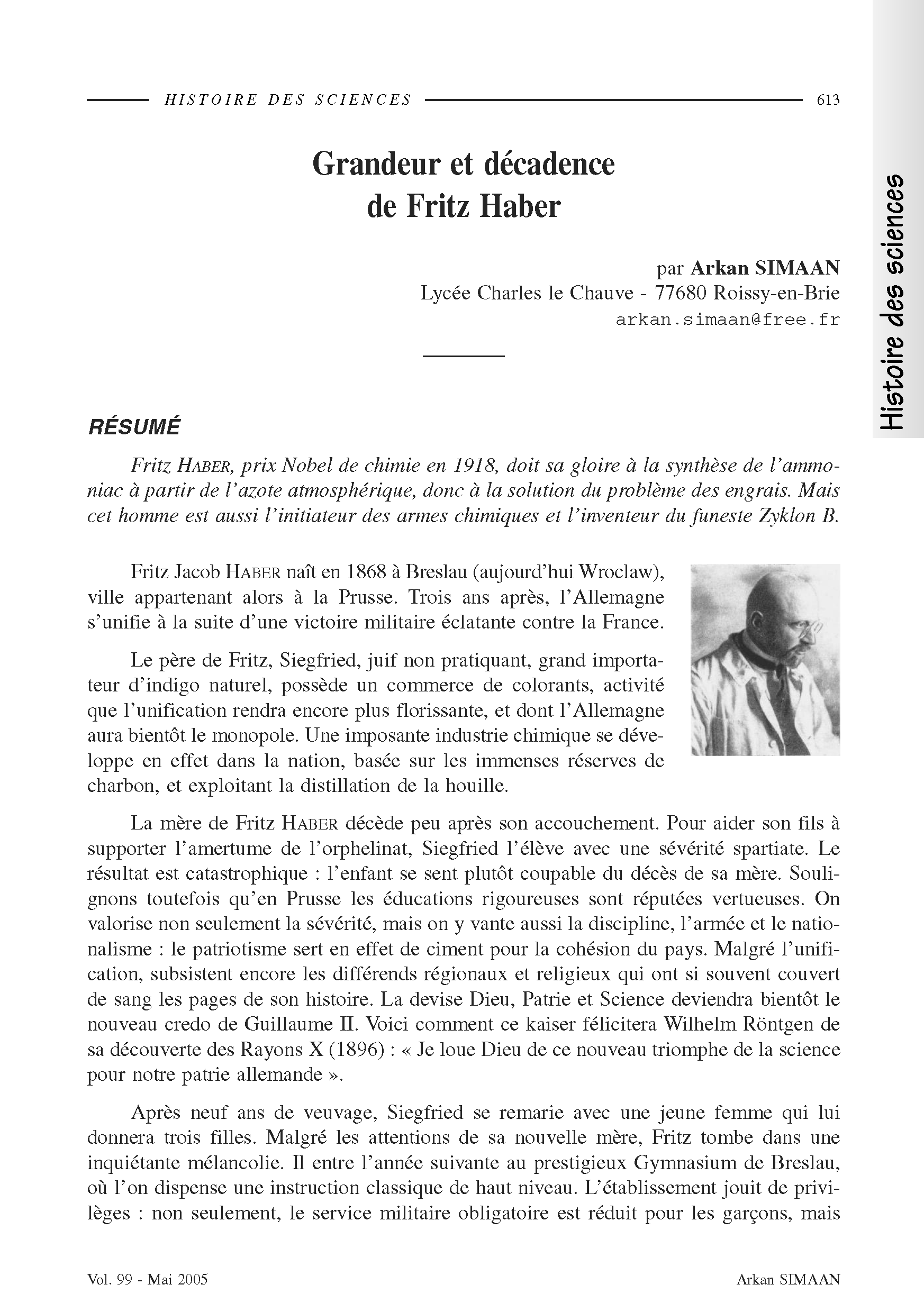 Fritz Haber (1868-1934), chimiste de l’ammoniac et des gaz de combat