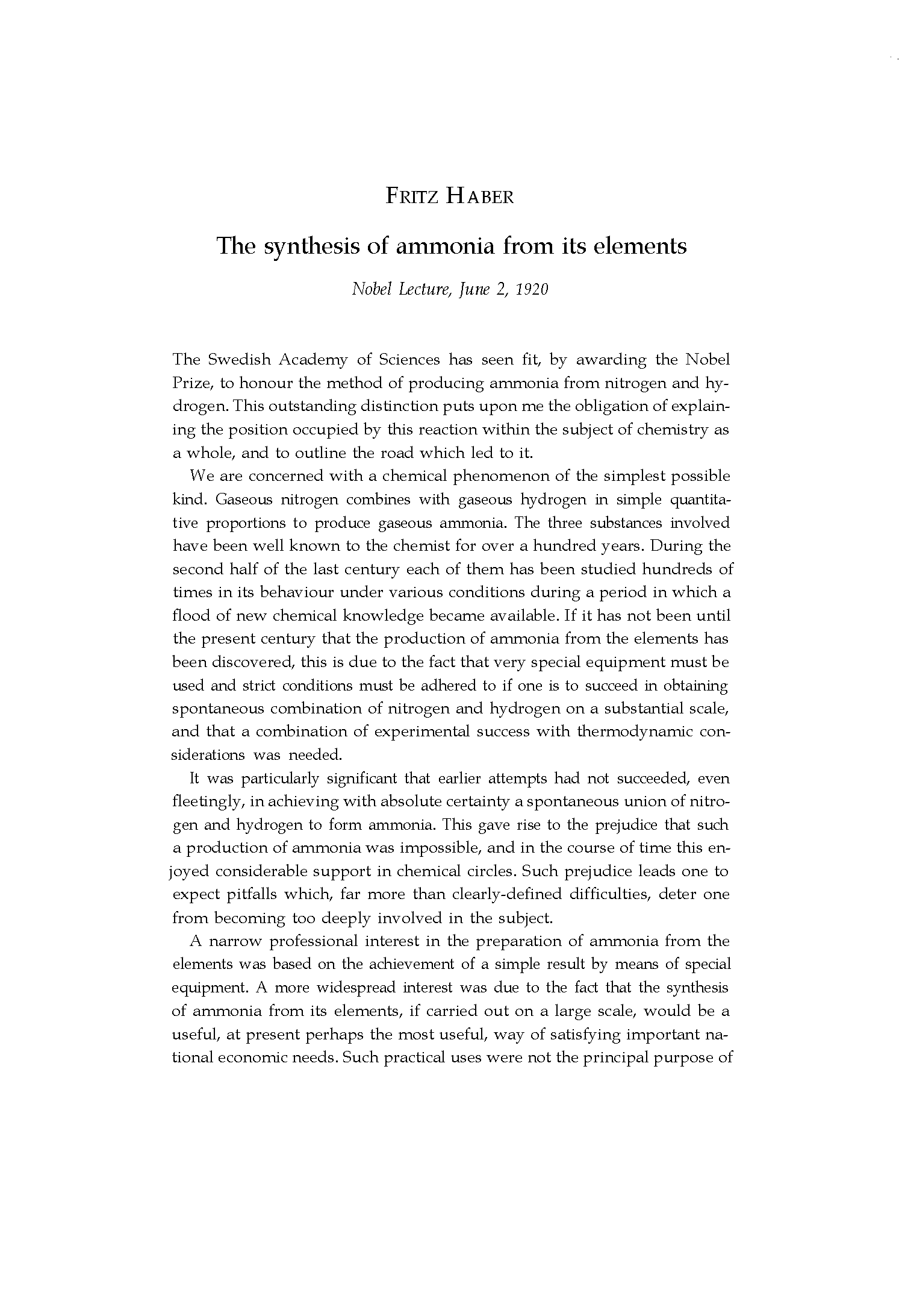 The Synthesis of Ammonia from Its Elements The Synthesis of Ammonia from Its Elements