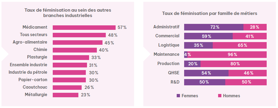 Taux de féminisation au sein des autres branches de la chimie (à gauche). Taux de féminisation par famille de métiers. Source Observatoire des Industries Chimiques