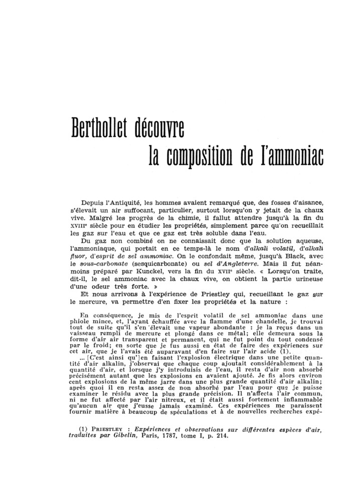 Berthollet et la découverte de la composition de l’ammoniac Berthollet et la découverte de la composition de l’ammoniac