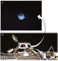 A) Les micrométéorites sont un danger pour les instruments envoyés dans l’espace. On voit ici un impact de 7 mm dû à une écaille de peinture sur un hublot de l’ISS (Station spatiale internationale). Cela a failli casser le hublot, bien qu’il soit épais de 4 cm ; B) la coupole de l’ISS possède des volets très robustes pour prévenir les problèmes dus aux impacts avec des micrométéorites. Source : NASA.